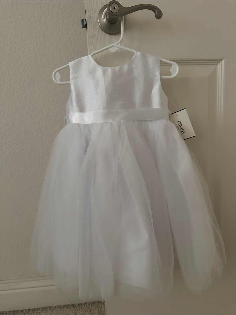 David's Bridal White Satin & Tulle Girls' Flower Girl Dress